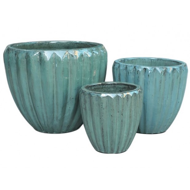 POTS - Set of 3 - Turquoise Glazed Ribbed